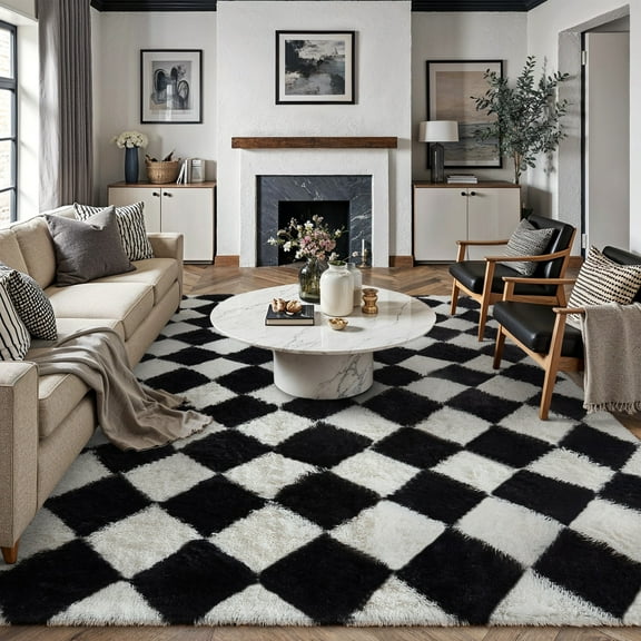 BERTHMEER 5'x8' Checkered Shag Area Rug for Living Room, Modern Black and White Non-Slip Ultra-Soft Indoor Fluffy Rugs for Bedroom Carpet Home Dorm Aesthetic Decor, Black&White