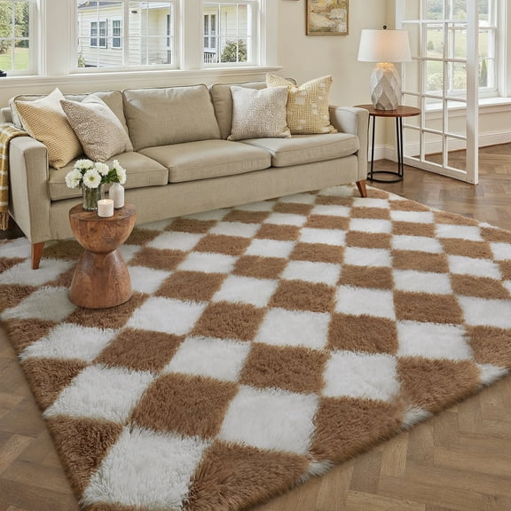 BERTHMEER 5'x8' Checkered Shag Area Rug for Living Room, Modern Brown and White Non-Slip Ultra-Soft Indoor Fluffy Rugs for Bedroom Carpet Home Dorm Aesthetic Decor, Brown&White