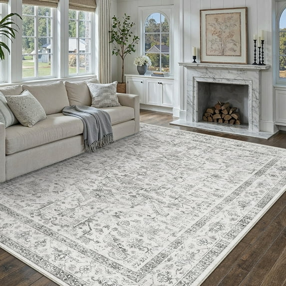 BERTHMEER 6'x9' Area Rug for Living Room Machine Washable Bedroom Rugs Distressed Vintage Oriental Traditional Print Gray Rug for Dining Room Farmhouse Nonsilp Carpet, Gray