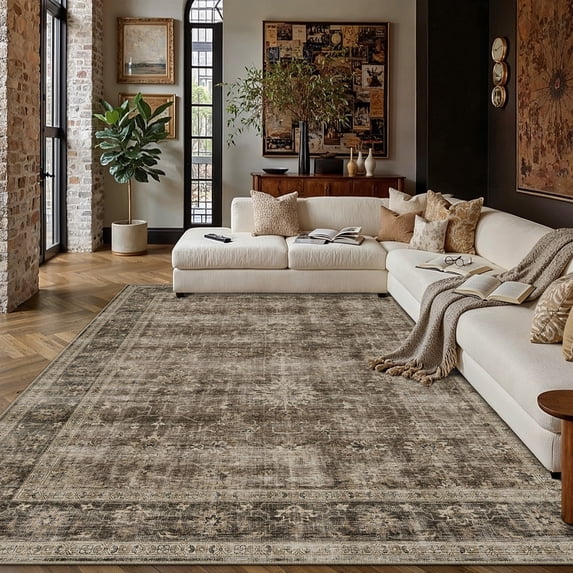 BERTHMEER 6'x9' Area Rugs for Living Room Washable Bedroom Rugs Distressed Vintage Oriental Traditional Print Low Pile Brown Rugs for Dining Room Farmhouse Nonsilp Carpet, Brown