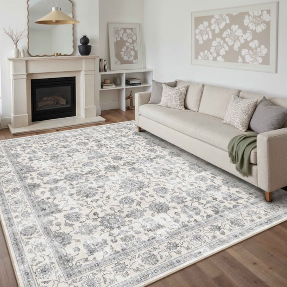 BERTHMEER 6'x9' Area Rugs for Living Room Washable Bedroom Rugs Distressed Vintage Oriental Traditional Print Low Pile Gray Rugs for Dining Room Farmhouse Nonsilp Carpet, Gray
