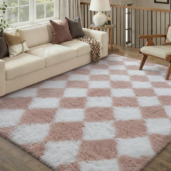 BERTHMEER 6'x9' Checkered Shag Area Rug for Living Room, Modern Pink and White Non-Slip Ultra-Soft Indoor Fluffy Rugs for Bedroom Carpet Home Dorm Aesthetic Decor, Pink&White
