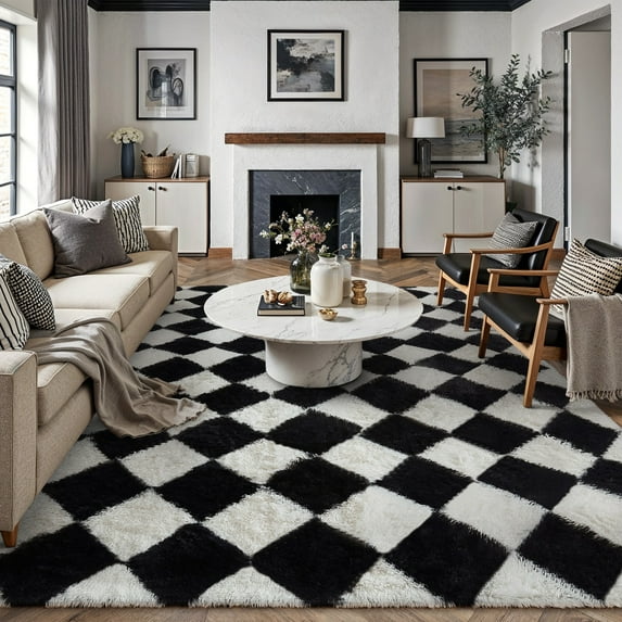 BERTHMEER 8'x10' Large Checkered Shag Area Rug for Living Room, Modern Black and White Ultra Non-Slip Large Soft Indoor Fluffy Rugs for Bedroom Carpet Home Dorm Aesthetic Decor, Black&White