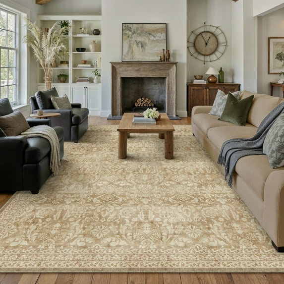 BERTHMEER 8'x10' Large Area Rugs for Living Room Washable Bedroom Rugs Distressed Vintage Oriental Traditional Print Light Brown Rug for Dining Room Farmhouse Nonsilp Carpet, Light Brown