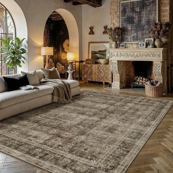BERTHMEER 8'x10' Large Area Rugs for Living Room Washable Bedroom Rugs Distressed Vintage Oriental Traditional Print Low Pile Brown Rugs for Dining Room Farmhouse Nonsilp Carpet, Brown