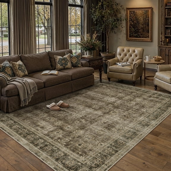 BERTHMEER 8'x10' Large Area Rugs for Living Room Washable Bedroom Rugs Distressed Vintage Oriental Traditional Print Low Pile Brown Rugs for Dining Room Farmhouse Nonsilp Carpet, Brown