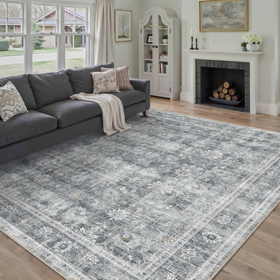 BERTHMEER 8'x10' Large Area Rugs for Living Room Washable Bedroom Rugs Distressed Vintage Oriental Traditional Print Low Pile Dusty Blue Rugs for Dining Room Farmhouse Nonsilp Carpet, Dusty Blue