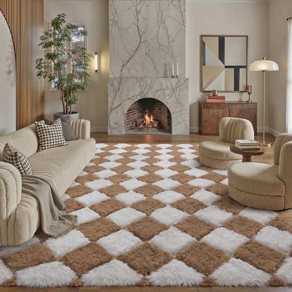 BERTHMEER 9'x12' Large Checkered Shag Area Rug for Living Room, Modern Brown and White Ultra Non-Slip Large Soft Indoor Fluffy Rugs for Bedroom Carpet Home Dorm Aesthetic Decor, Brown&White