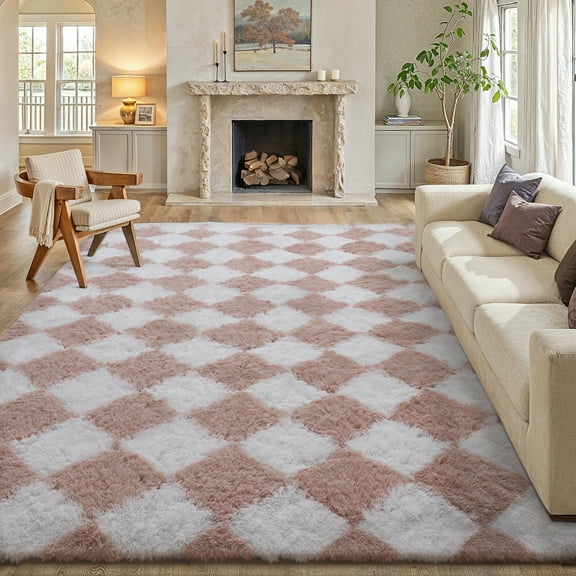 BERTHMEER 9'x12' Large Checkered Shag Area Rug for Living Room, Modern Pink and White Ultra Non-Slip Large Soft Indoor Fluffy Rugs for Bedroom Carpet Home Dorm Aesthetic Decor, Pink&White
