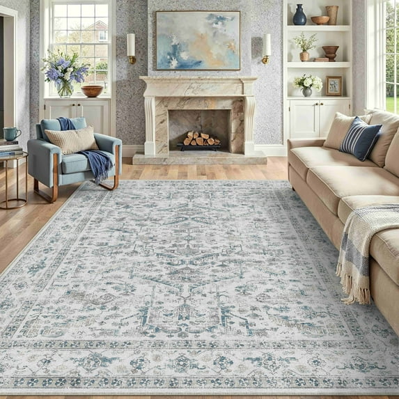 BERTHMEER 9'x12' Large Area Rug for Living Room Machine Washable Bedroom Rugs Distressed Vintage Oriental Traditional Print Blue Rug for Dining Room Farmhouse Nonsilp Carpet, Blue