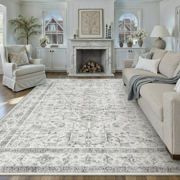 BERTHMEER 9'x12' Large Area Rug for Living Room Machine Washable Bedroom Rugs Distressed Vintage Oriental Traditional Print Gray Rug for Dining Room Farmhouse Nonsilp Carpet, Gray