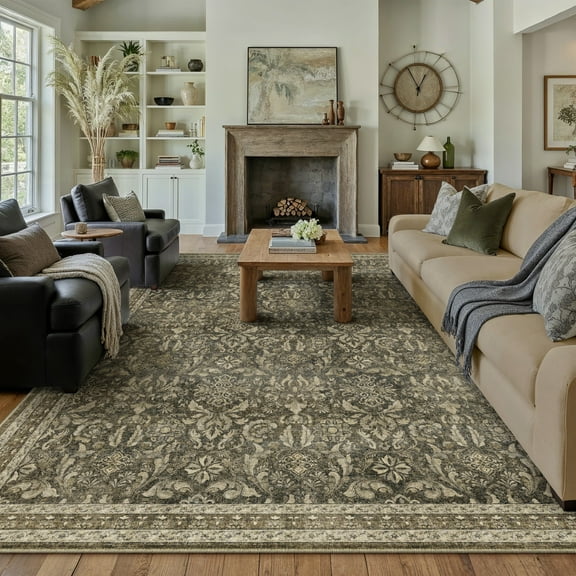 BERTHMEER 9'x12' Large Area Rugs for Living Room Washable Bedroom Rugs Distressed Vintage Oriental Traditional Print Brown Rugs for Dining Room Farmhouse Nonsilp Carpet, Brown