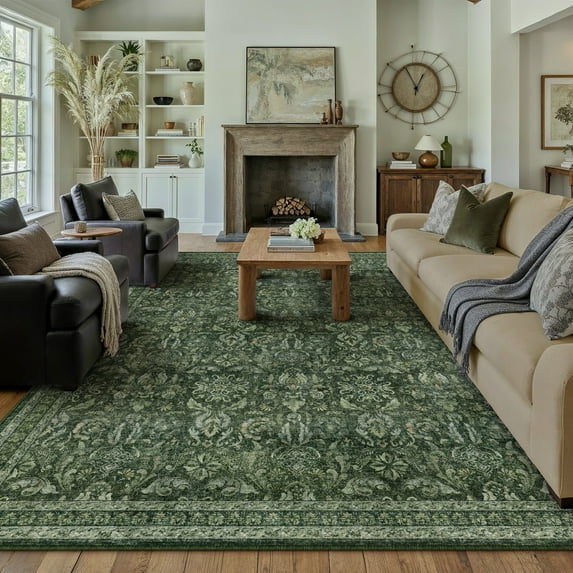 BERTHMEER 9'x12' Large Area Rugs for Living Room Washable Bedroom Rugs Distressed Vintage Oriental Traditional Print Green Rugs for Dining Room Farmhouse Nonsilp Carpet, Green