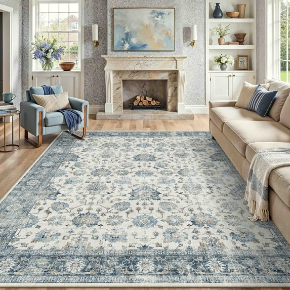 BERTHMEER 9'x12' Large Area Rugs for Living Room Washable Bedroom Rugs Distressed Vintage Oriental Traditional Print Low Pile Blue Rugs for Dining Room Farmhouse Nonsilp Carpet, Blue