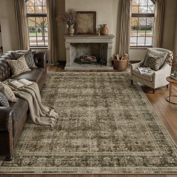 BERTHMEER 9'x12' Large Area Rugs for Living Room Washable Bedroom Rugs Distressed Vintage Oriental Traditional Print Low Pile Brown Rugs for Dining Room Farmhouse Nonsilp Carpet, Brown