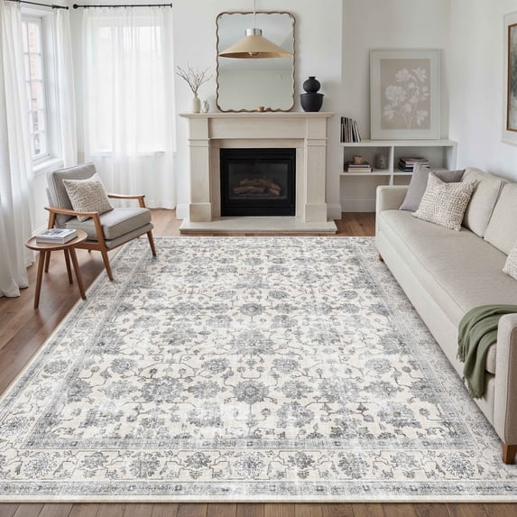 BERTHMEER 9'x12' Large Area Rugs for Living Room Washable Bedroom Rugs Distressed Vintage Oriental Traditional Print Low Pile Gray Rugs for Dining Room Farmhouse Nonsilp Carpet, Gray