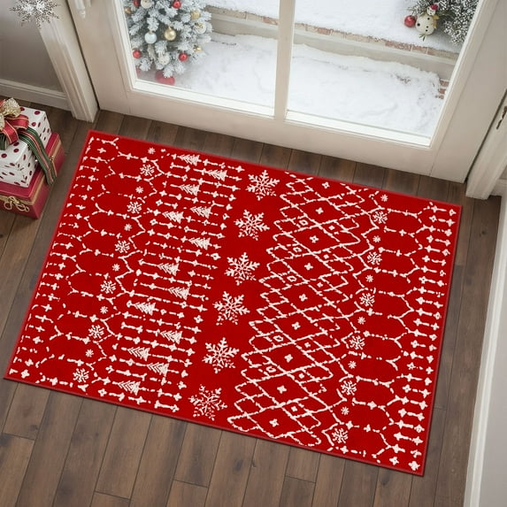 BERTHMEER Christmas Rug 2'x3' for Entryway, Small Kitchen Bathroom Rugs for Living Room Washable Soft Non-Slip Xmas Christmas Geometric Snowflake Mat for Winter Hoilday Decor