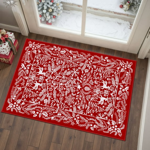 BERTHMEER Christmas Rug 2'x3' for Entryway, Small Kitchen Bathroom Rugs for Living Room Washable Soft Non-Slip Xmas Reindeer Party Christmas Tree Door Mat for Winter Hoilday Decor