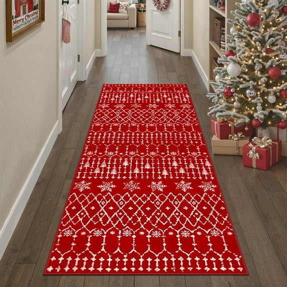 BERTHMEER Christmas Runner Rug 2'x6' for Hallway, Small Kitchen Bathroom Rugs for Living Room Washable Soft Non-Slip Xmas Christmas Geometric Snowflake Door Mat Carpet for Winter Hoilday Decor