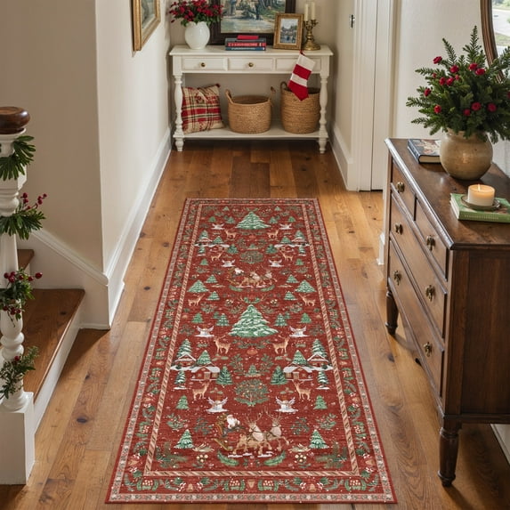 BERTHMEER Christmas Runner Rug 2'x6' for Hallway, Small Kitchen Bathroom Rugs for Living Room Washable Soft Non-Slip Xmas Santa Claus Christmas Tree Door Mat Carpet for Winter Hoilday Decor