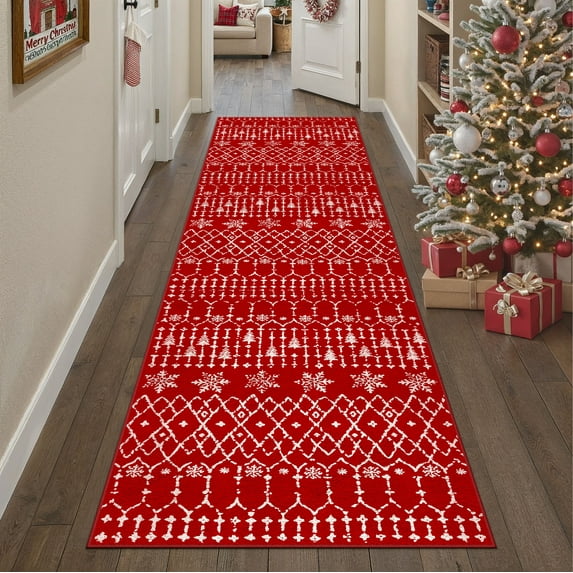 BERTHMEER Christmas Runner Rug 2'x8' for Hallway, Small Kitchen Bathroom Rugs for Living Room Washable Soft Non-Slip Xmas Christmas Geometric Snowflake Door Mat Carpet for Winter Hoilday Decor