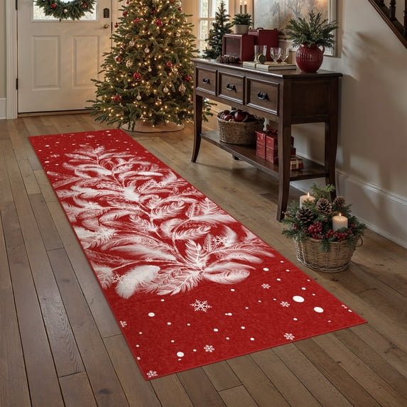 BERTHMEER Christmas Runner Rug 2'x8' for Hallway, Small Kitchen Bathroom Rugs for Living Room Washable Soft Non-Slip Xmas Feather Christmas Tree Door Mat Carpet for Winter Hoilday Decor