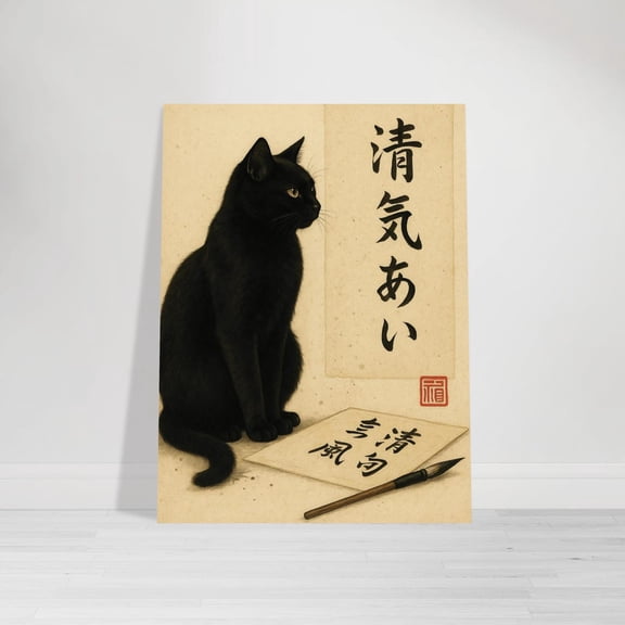 Haiku Cat Wall Art Japanese Calligraphy Cat Poster, Unframed Paper Poster 8x10in