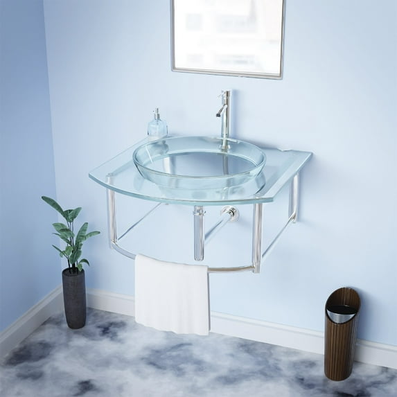 Haiku Glass Wall Mount Console Sink Round Bowl Bathroom Vessel Sink 23 3/4" Clear Tempered Glass Console w/Chrome Faucet, Pop Up Sink Drain and Towel Bar Combo | Renovators Supply