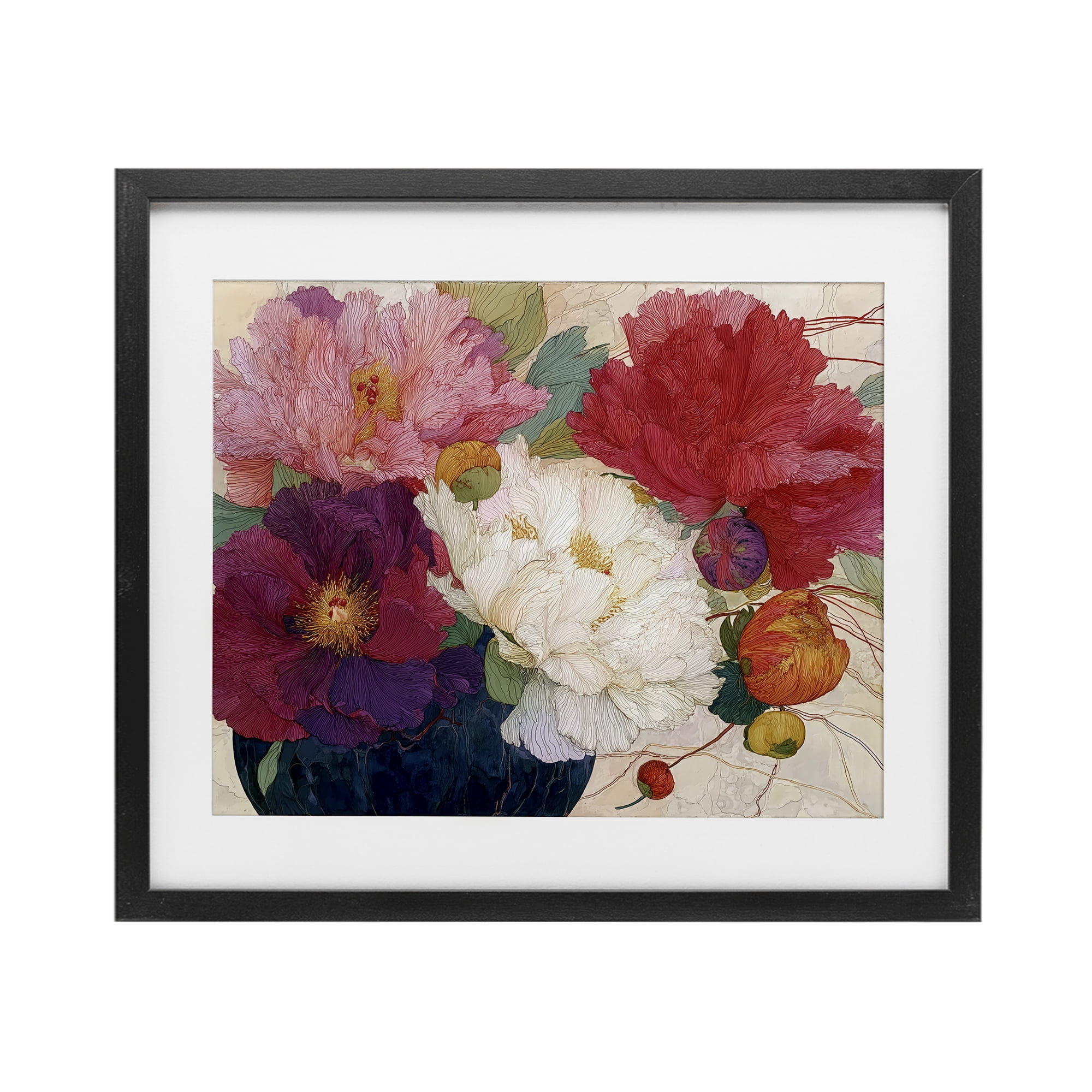 Haiku Ornate Flower Petals Black Framed Print Under Glass, design by Annabelle Hall