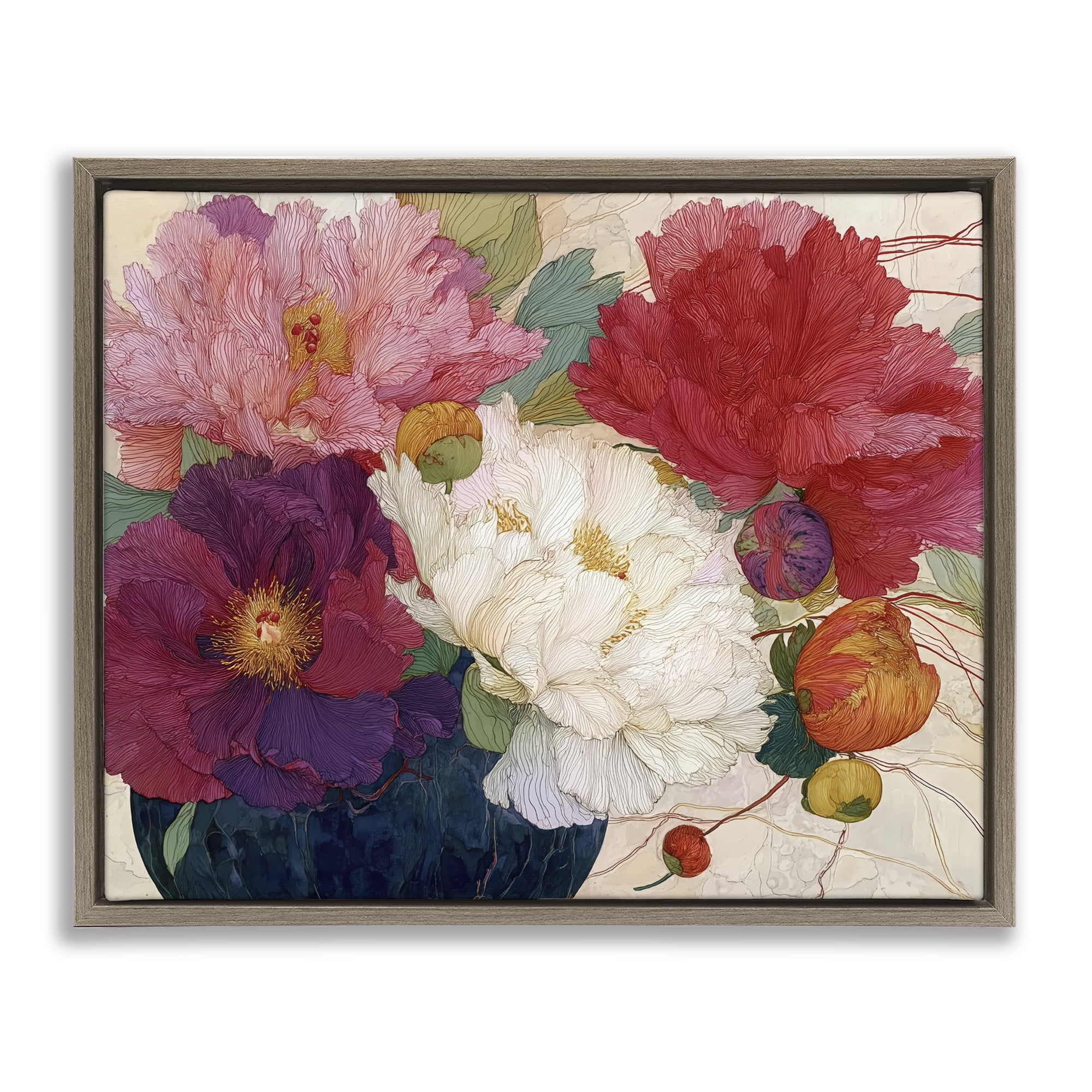 Haiku Ornate Flower Petals Brown Framed Floater Canvas Wall Art, design by Annabelle Hall