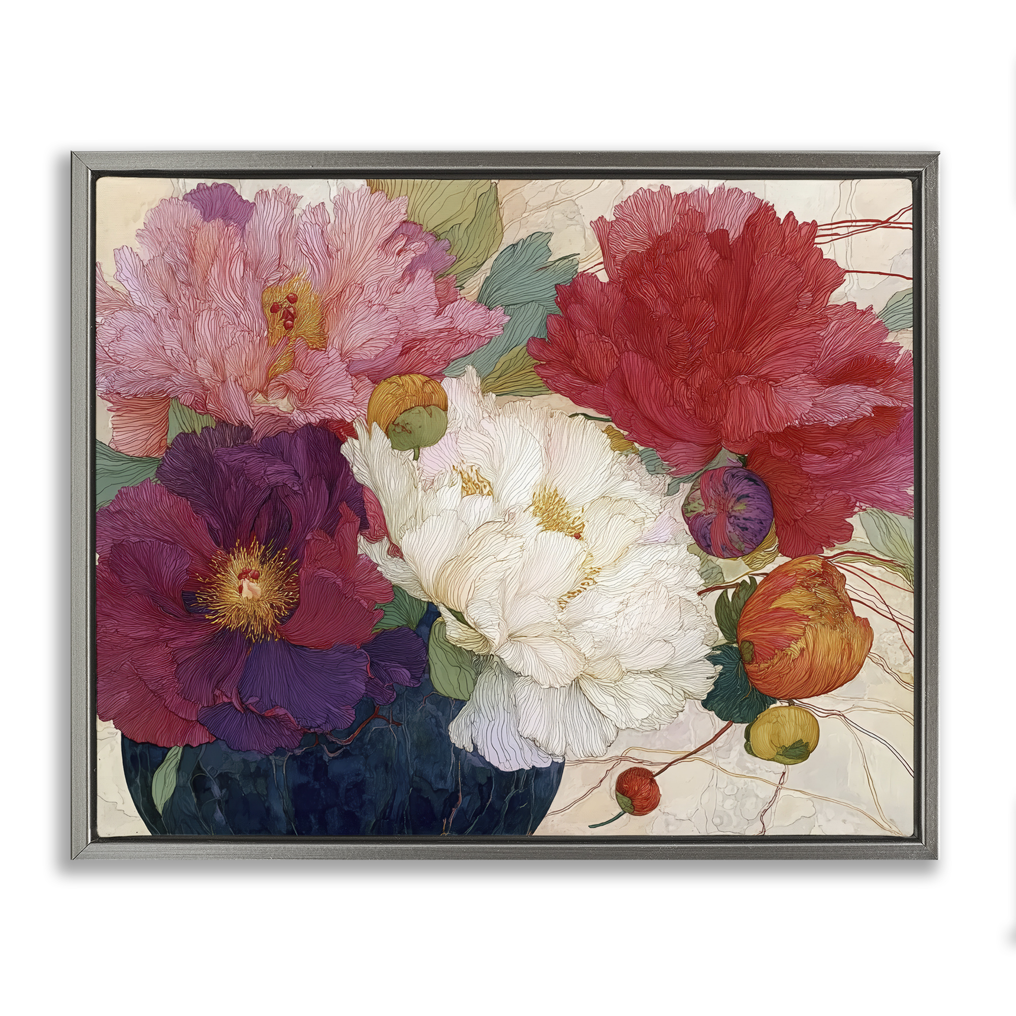 Haiku Ornate Flower Petals Gray Framed Floater Canvas Wall Art, design by Annabelle Hall