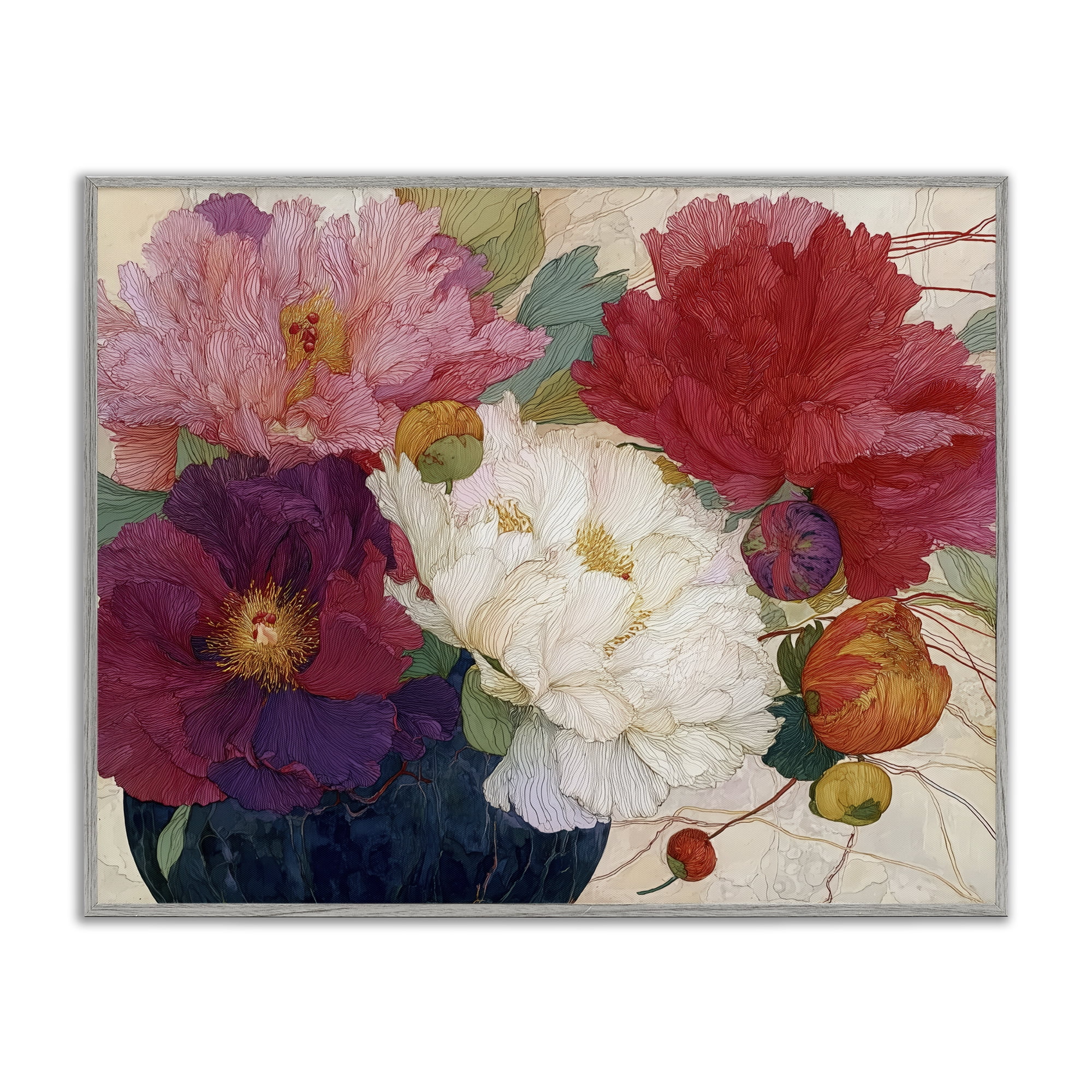 Haiku Ornate Flower Petals Gray Framed Giclee Art, design by Annabelle Hall