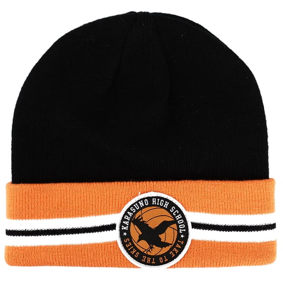 Haikyu!! Karusono High School Woven Patch Black and Orange Cuff Beanie