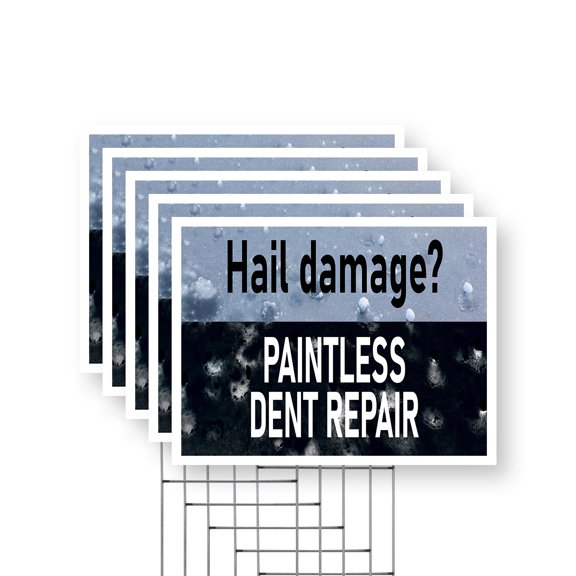 Hail Damage Paintless Dent Repair Yard Sign 5 Pack of 18 Inch x 24 Inch Single Sided Weatherproof Heavy-Duty Plastic with Stake | Auto Repairs, Expert Mechanics, Quality Service | Made