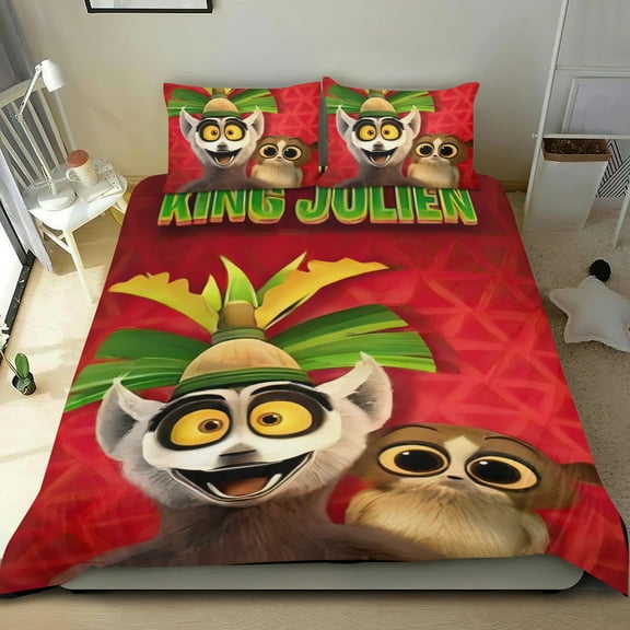 All Hail King Julien Themed Bed Sheet Set Three Piece Set 53x79 In ches Comfortable And Skin Friendly Unique Design Creating A Star Studded Night Home Decor Gifts For Family Friends fans