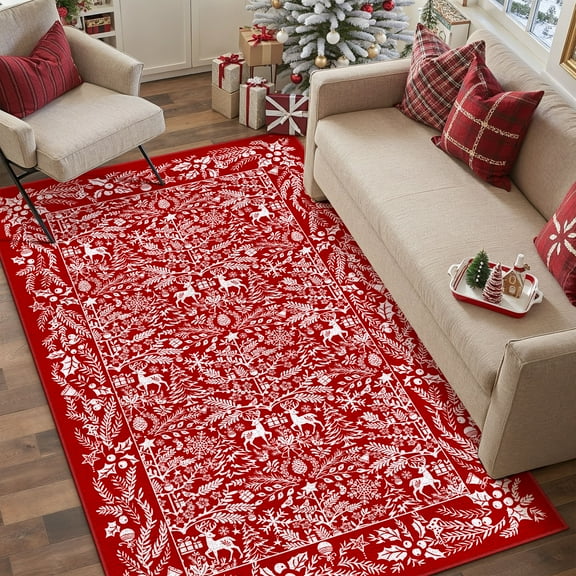 BERTHMEER Christmas Area Rug 4'x6' Red Washable Rugs for Living Room Carpet Xmas Reindeer Party Christmas Tree Holiday Decor Indoor Bedroom Decorative Non Slip Soft Low Pile Carpet Dining Room Office