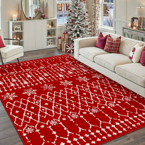 BERTHMEER Christmas Area Rug 5'x7' Red Washable Rugs for Living Room Carpet Xmas Christmas Geometric Snowflake Holiday Decor Indoor Bedroom Decorative Non Slip Soft Low Pile Carpet Dining Room Office