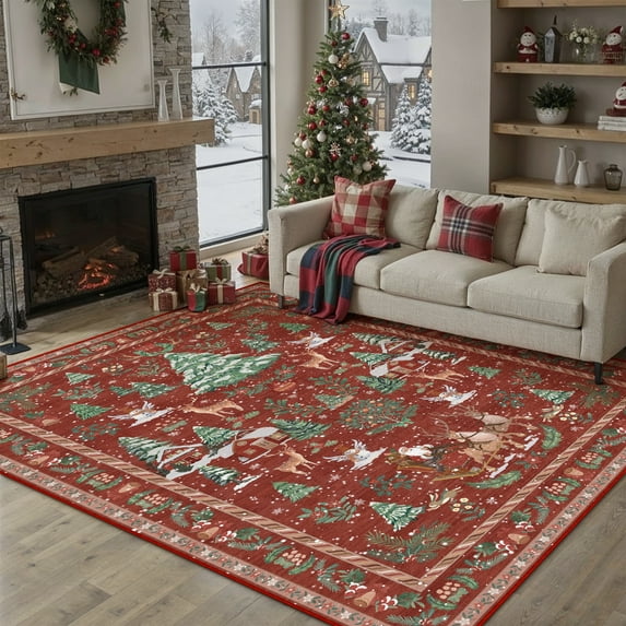 BERTHMEER Christmas Area Rug 6'x9' Red Washable Rugs for Living Room Carpet Xmas Santa Claus Christmas Tree Holiday Decor Indoor Bedroom Decorative Non Slip Soft Low Pile Carpet Dining Room Office