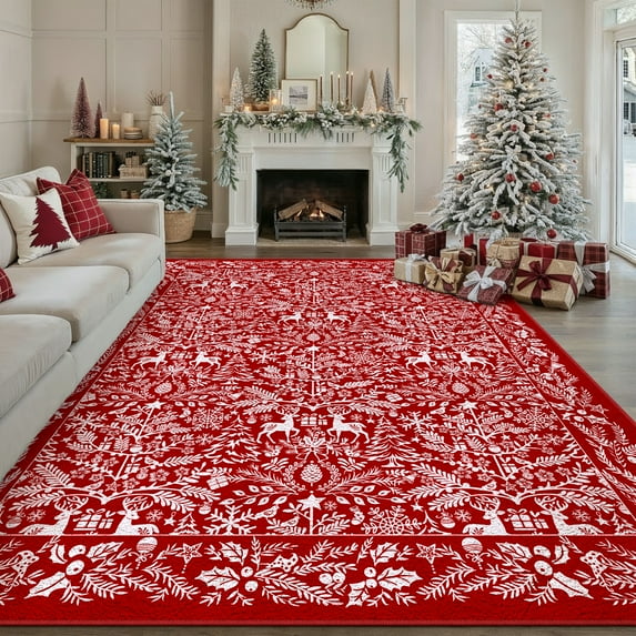 BERTHMEER Christmas Area Rug 8'x10' Red Washable Rugs for Living Room Carpet Xmas Reindeer Party Christmas Tree Holiday Decor Indoor Bedroom Decorative Non Slip Soft Low Pile Carpet Dining Room
