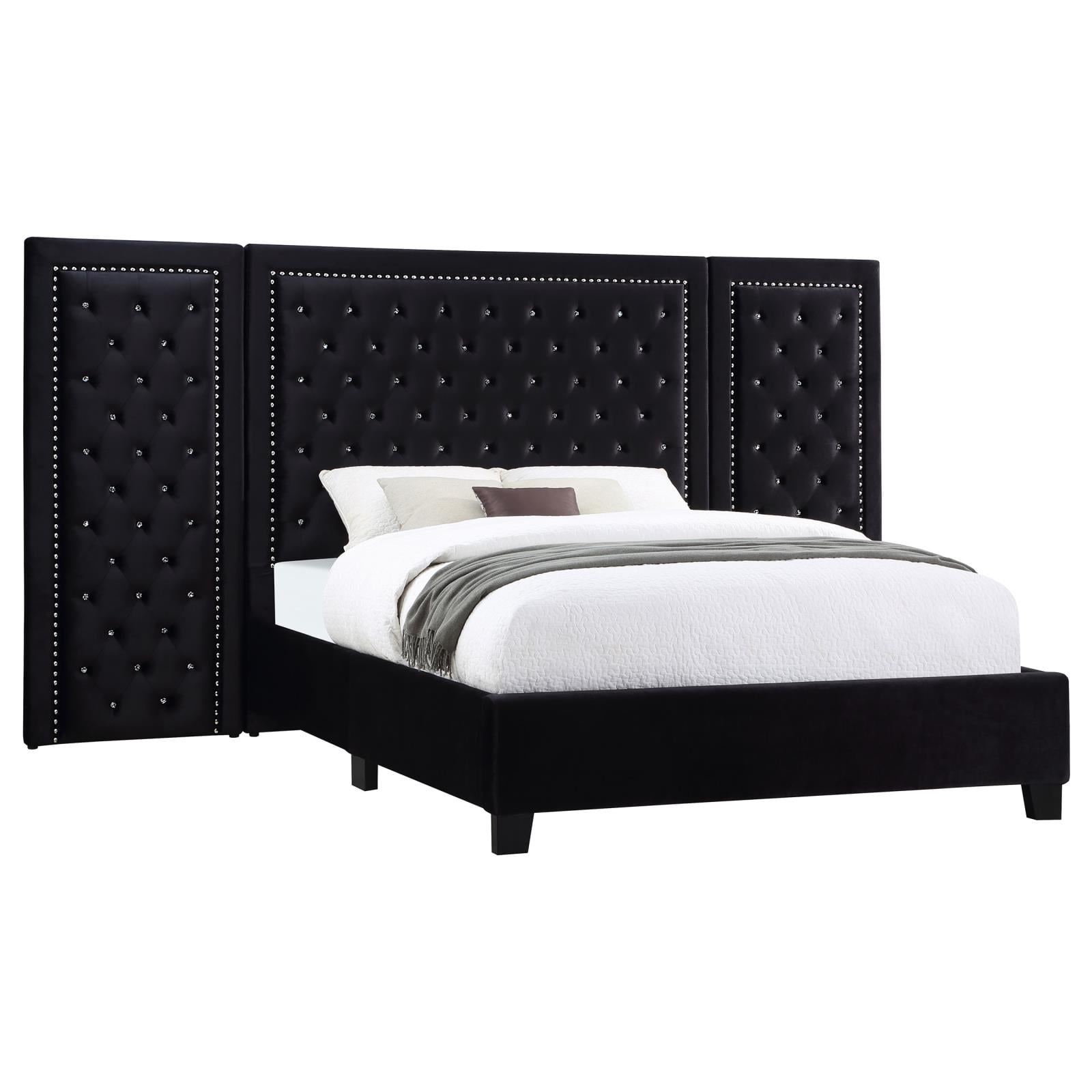 Glamorous Black Velvet Tufted Queen Platform Bed with Nailhead Trim
