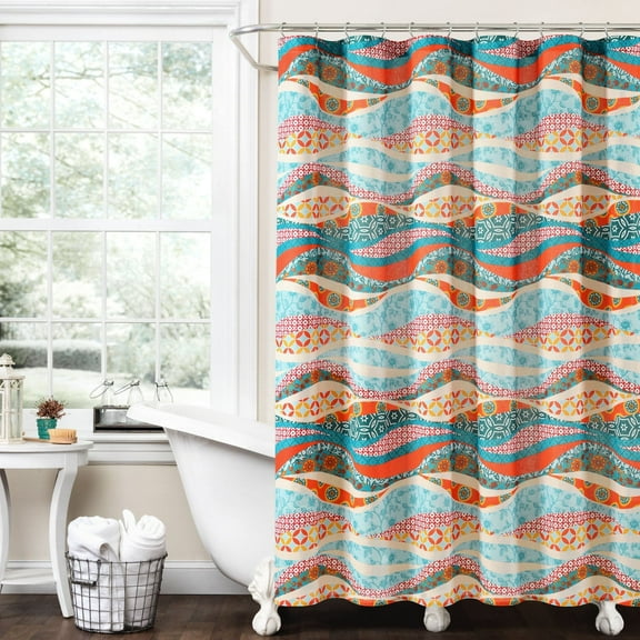 Hailey Watercolor Wave Cotton Shower Curtain Turquoise/Multi Single 72x72