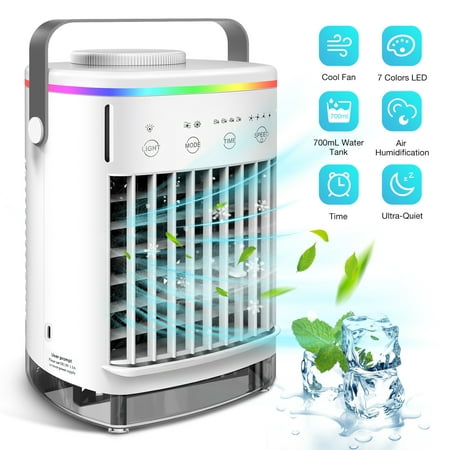 HailiCare Mini Portable Air Conditioner, 6-in-1 Evaporative Coolers with Mist Sprayer Function,Air Cooler with 4 Speeds and 7 Color LED Light for Home Bedroom Office