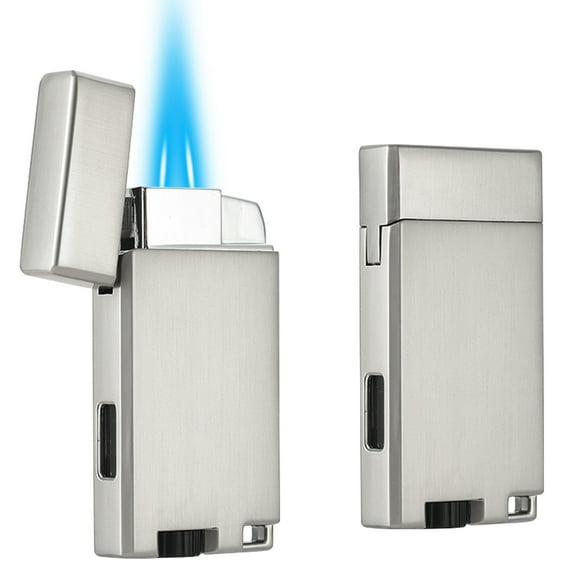 Haillai 2 Pack Double Jet Flame Butane Torch Lighter, Adjustable and Refillable. Sold Without Gas. Silver