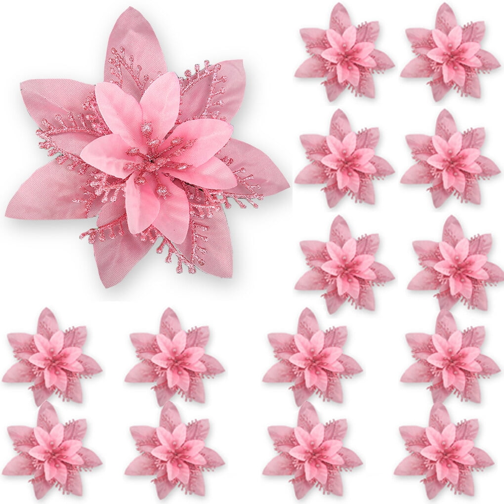 Haillom 5 Pieces Glitter Poinsettia Artificial Christmas Flowers