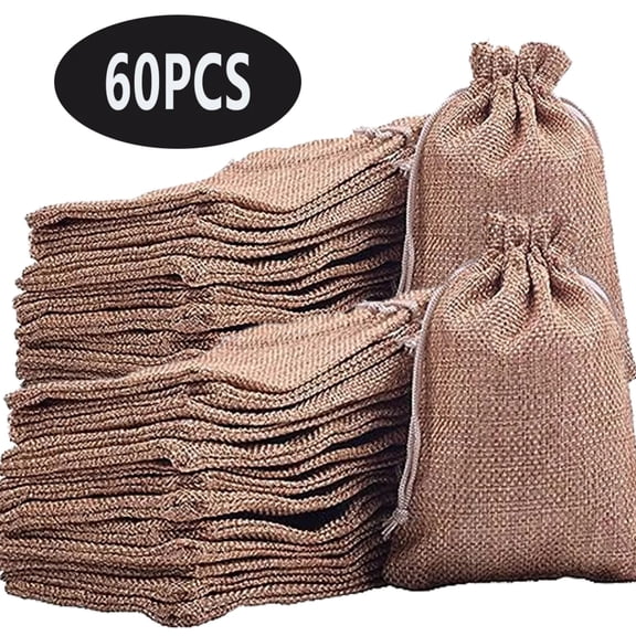 Burlap Gift Bags with Drawstring, Reusable Linen Jewelry Pouches, 60 Count, Beige, 3.9 x 5.5 inch