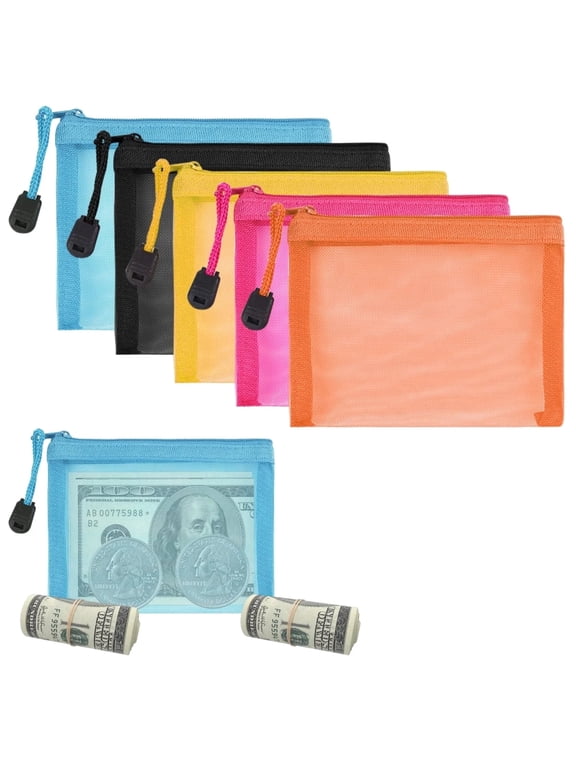 6-Pack Mini Mesh Zipper Pouch, Multicolor Clear Nylon Cosmetic Coin Bag for Travel Cash Earbuds Organization