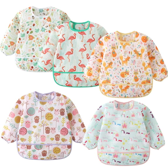 HaimoBurg 5 Pack Long Sleeve Baby Bibs, Waterproof Sleeved Bib, Toddler Soft Bib for 6-30 Months