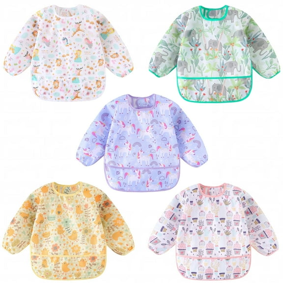 HaimoBurg 5 Pcs Mess Proof Baby Bib, Waterproof Sleeved Bib Outfit, Baby Smock for Eating for 5-30 Months