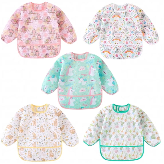 HaimoBurg Long Sleeve Waterproof Elasticized Infant Feeding Bib, 5 Pcs
