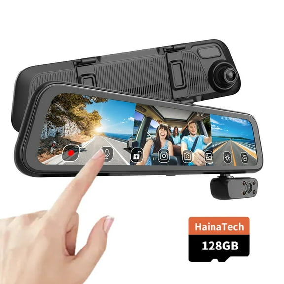 HainaTech 2K Mirror Dashcam 3 Channel Rear View Mirror Dash Cam Front and Rear 12'' Full Touch Screen Dash Car Camera IR GPS